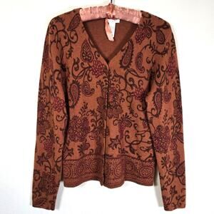 Tweeds Cardigan Women's M Rust Brown Paisley Lambswool Blend Career AutumnP